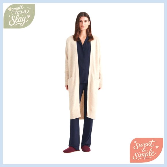 Luxury Cashmere Duster Cardigan Midi Length Drop Shoulders Slouchy Pockets